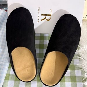 The Row Black Suede Loafers with Tan Interior